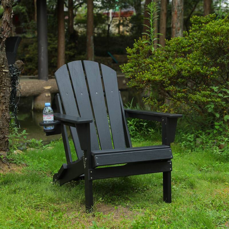 HDPE Folding Adirondack Chair with Dual Cup Holder - Composite Adirondack Chair with Wood Texture - Black