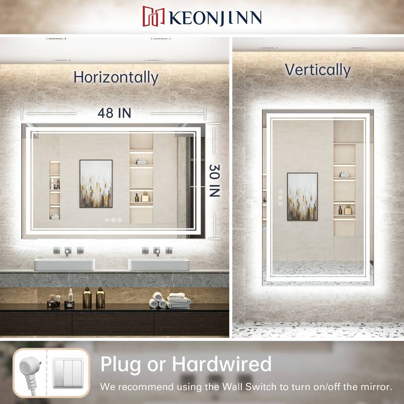 Keonjinn LED Front Light and Backlit Bathroom Vanity Wall Mirror, 3 Color Temperatures, Anti-fog