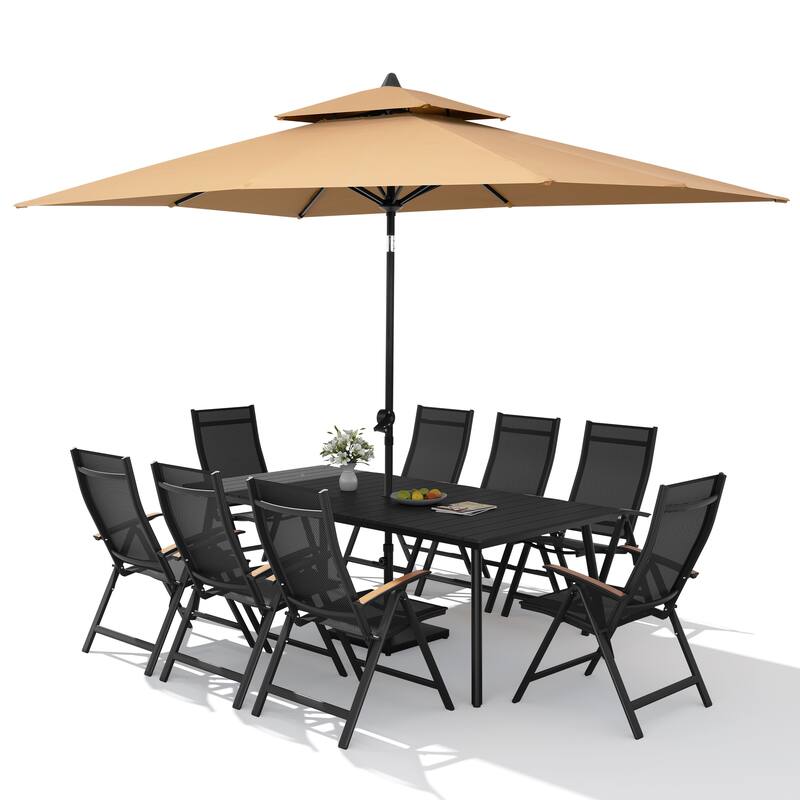 11PC Outdoor Patio Dining Set Aluminum Table with Folding Armchairs w/ Market Umbrella Sets