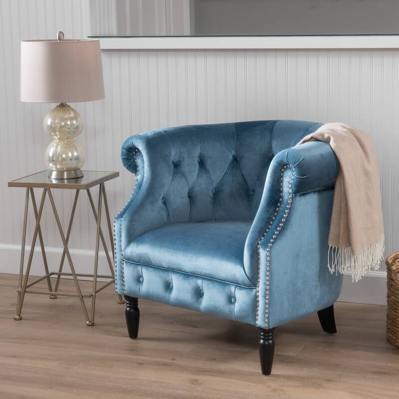 Roomfitters Tufted Upholstered Club Chair, Elegant Rolled-Arm Accent Armchair with Nailhead Trim for Living Spaces - Aqua