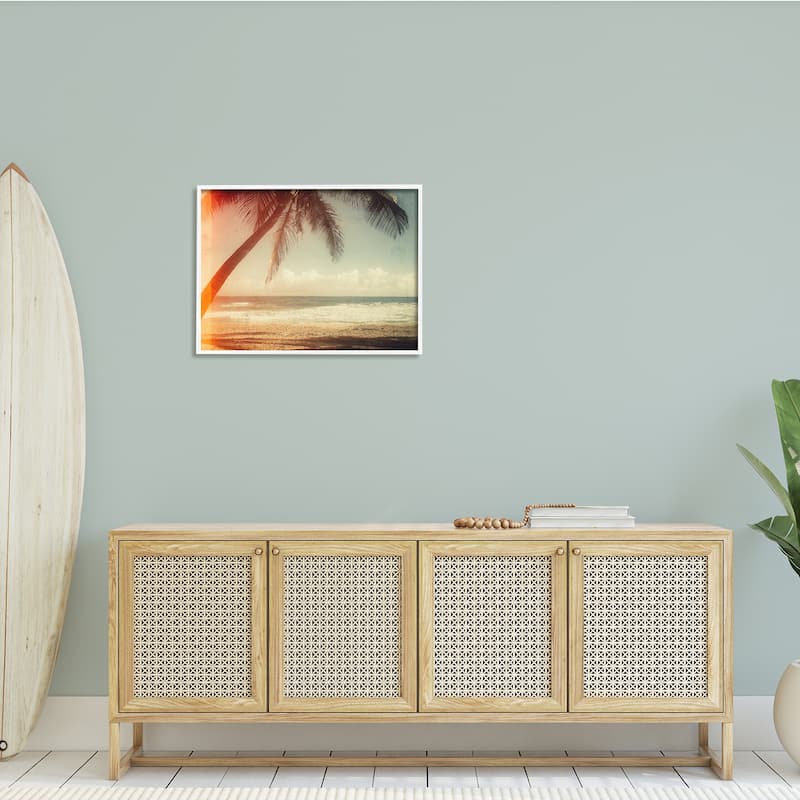Stupell Vintage Sun Bleached Ocean Scene Hanging Palm Tree Framed Wall Art