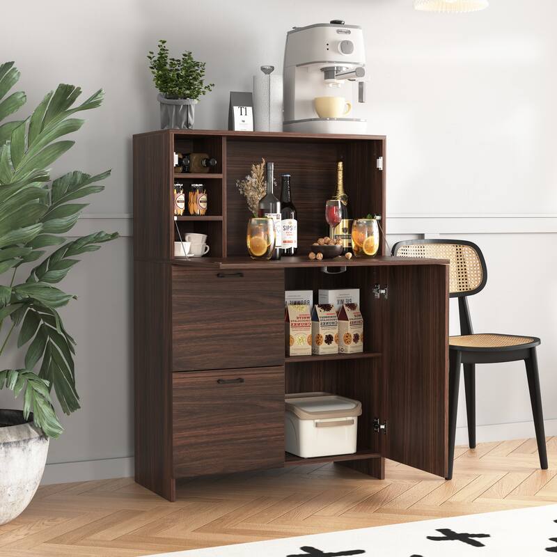 Foldable Desk Cabinet with Storage Drawer & Shelves, Space-Saving Wall Storage Cabinet Buffet Cabinet
