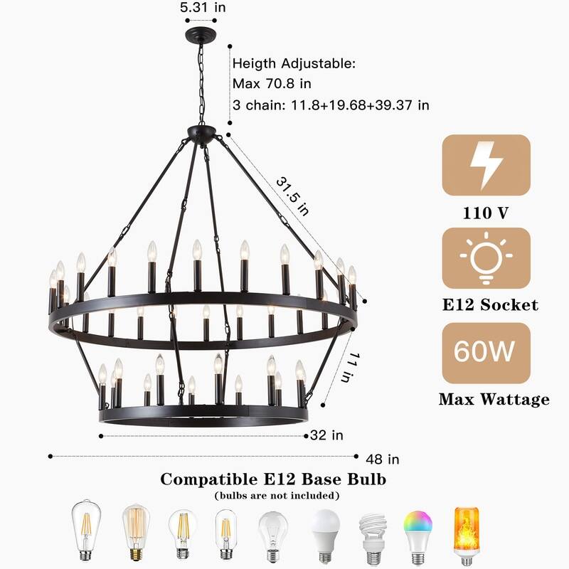 2 - Tier Wagon Wheel Chandelier Farmhouse Pendant Light with Adjustable Chain