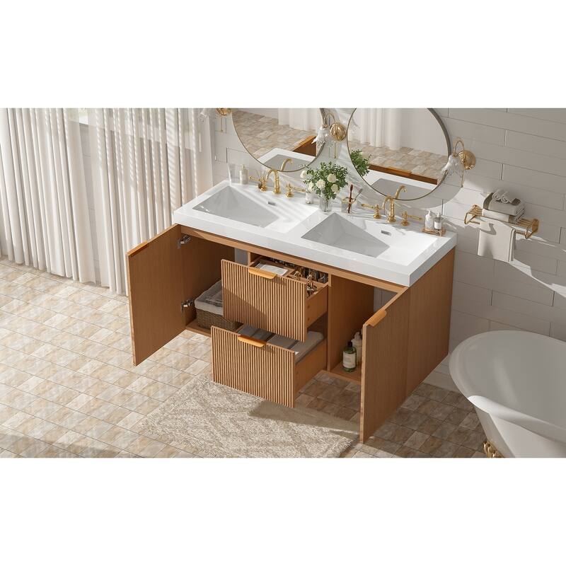 47.24" Wall-Mounted Double Bathroom Vanity with SMC Top, Modern Floating Cabinet with Soft-Close Doors & Drawers