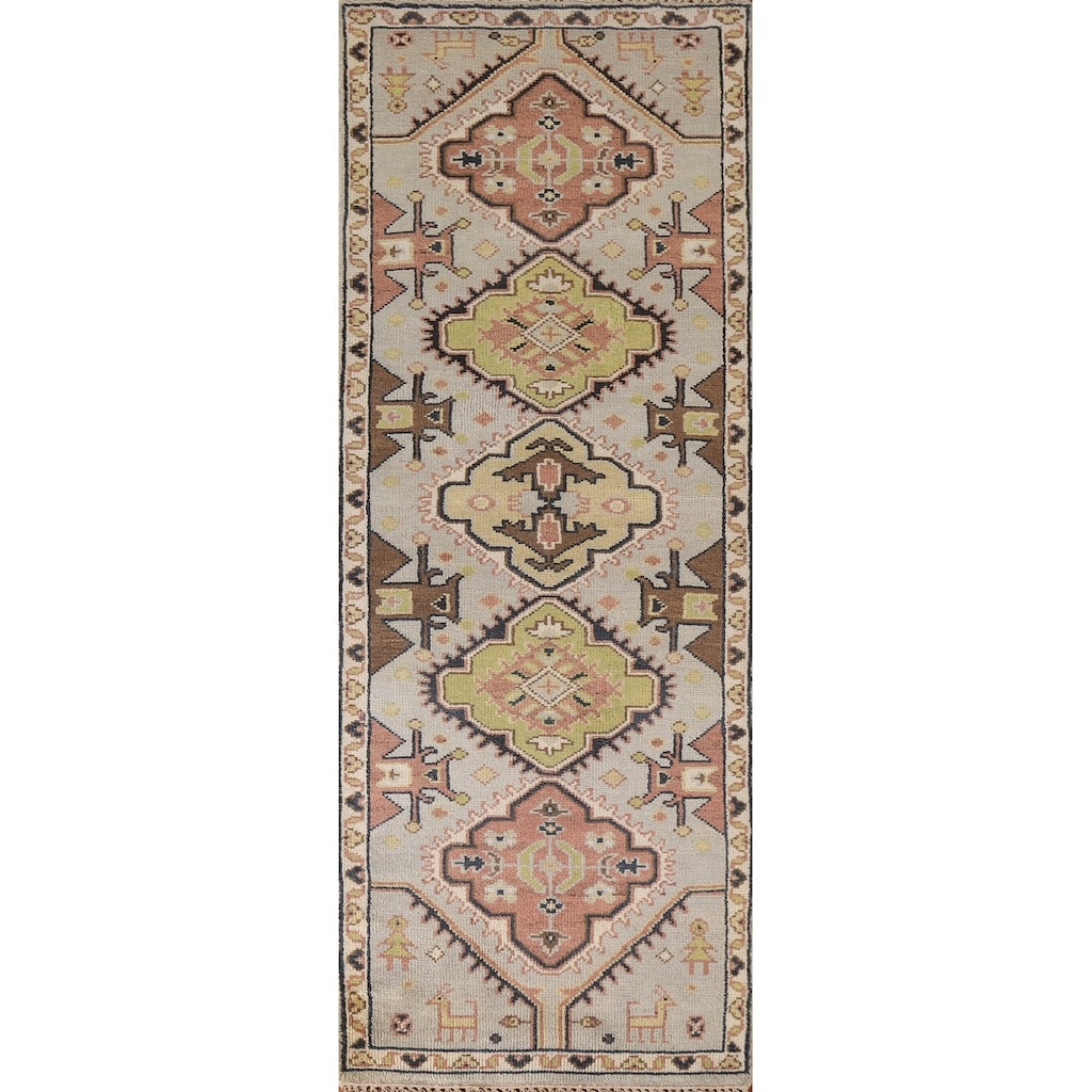 Geometric Beige Kazak Indian Runner Rug Handmade Wool Carpet - 2'5"x 7'8"