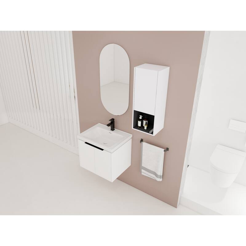 24" Wall-Mounted Bathroom Vanity with Ceramic Sink and Soft-Close Doors, Side Cabinet for Extra Storage