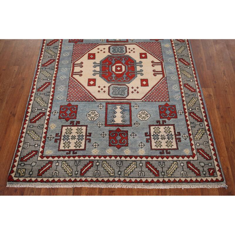 Blue Geometric Kazak Oriental Accent Rug Hand-Knotted Wool Carpet - 3'7" x 5'0"
