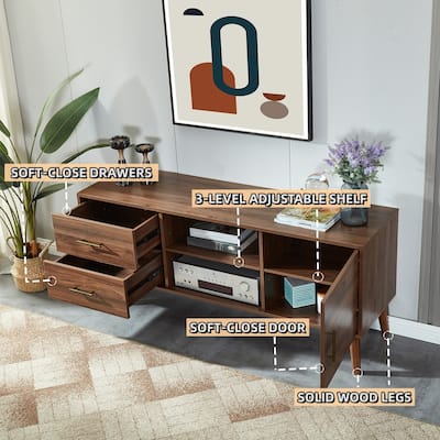 Walnut TV Stand Media Cabinets for TVs Up to 60", Mid Century Modern TV Console Entertainment Center with Storage Drawers