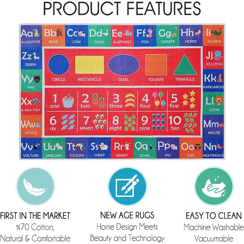 Sussexhome Low Pile Non-Slip Washable Educational Rug