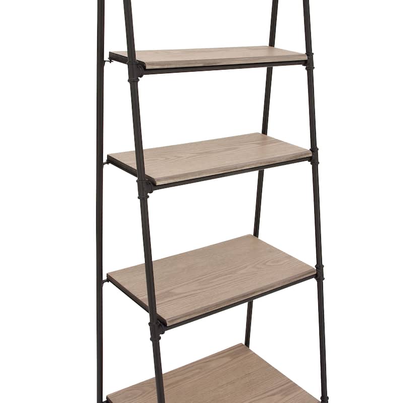 Metal Leaning Ladder 5 Tier Shelving Unit with Wooden Shelves - Black - Roche River Decor - 17"Wx24"Lx72"H