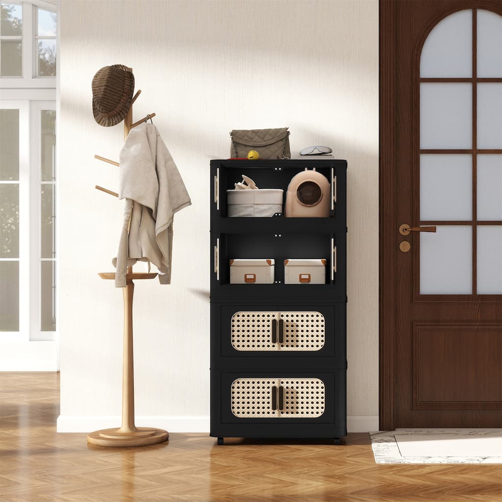 4-Tier Retro Black 20" Side Wide Folding Storage Cabinet