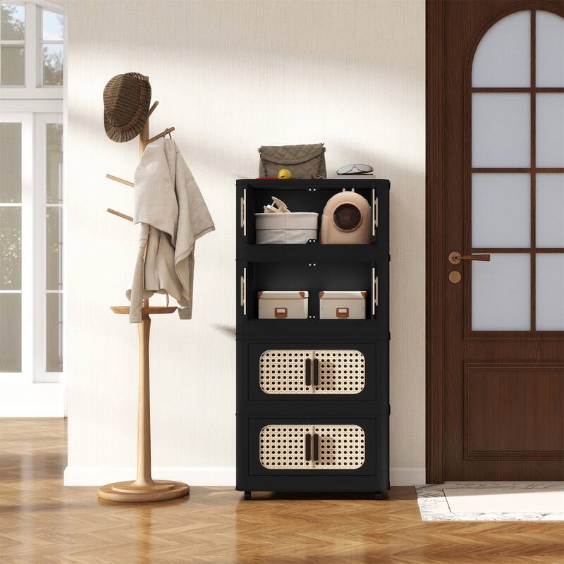 4-Tier Retro Black 20" Side Wide Folding Storage Cabinet - Black