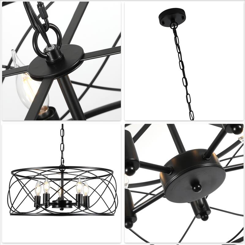 Bella Depot 20" Industrial Black Caged Dimmable Chandelier 5-Light Adjustable Pendant Light for Kitchen Island, Hallway