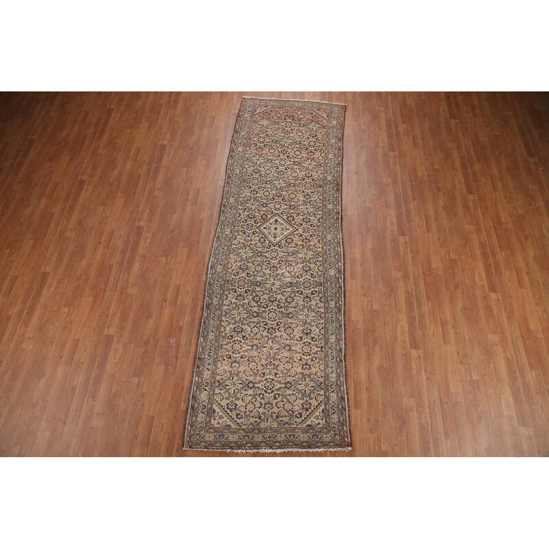 Hand Knotted Oriental 100% Wool Carpet Traditional Geometric Peach Hamedan Runner Rug - 11' 3'' X 3' 6''