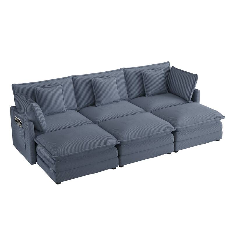 112.6" Corduroy Modular Sectional Sofa with 3 Movable Ottomans, Side Storage Pockets, and Two-Layer Foam Cushions