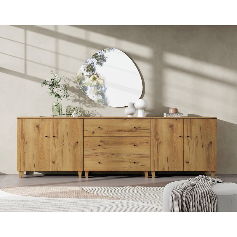Wood Dresser with 3 Drawers and 2 Cabinets for Bedroom, 106" Wide - Oak Brown