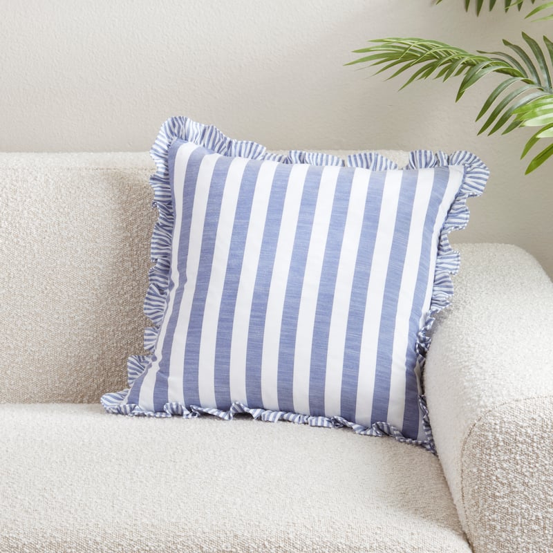 Striped Ruffle Edge Cotton-Blend Throw Pillow - Classic Cabana Stripe Design for Sofa, Bed & Accent Styling
