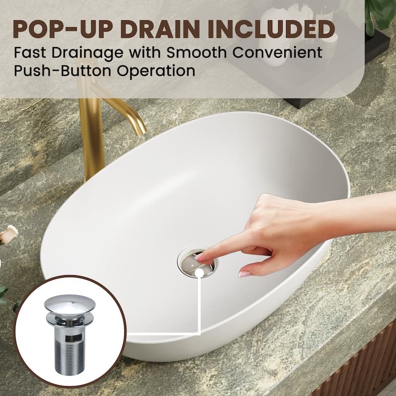 Solid Surface Vessel Bathroom Sink with Pop-Up Drain and Drain Hose, Modern Above Counter Wash Basin with Center Drain