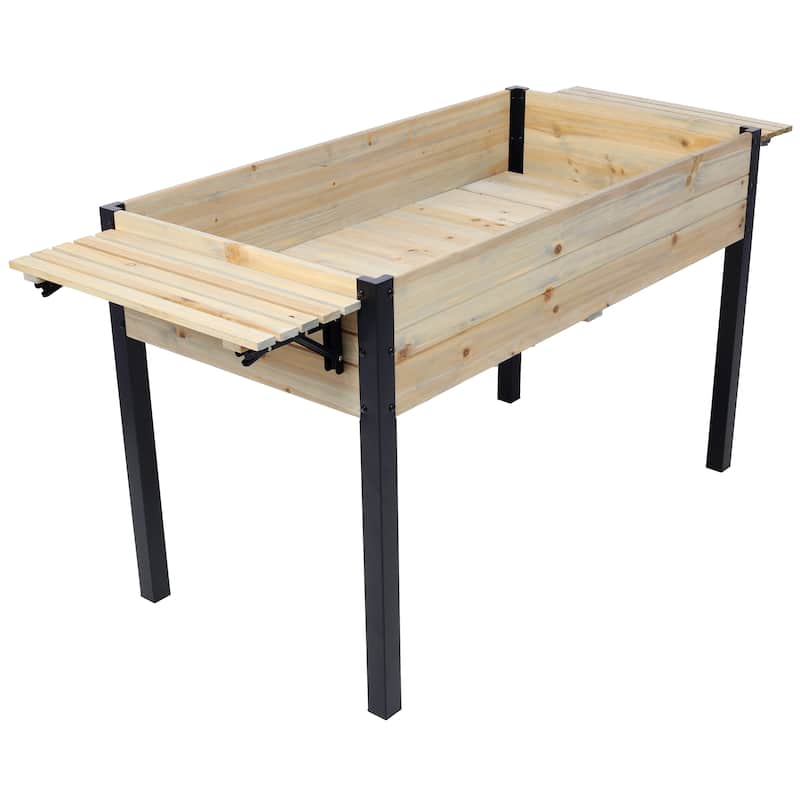 Raised Garden Bed, Metal Leg Wood Planter Boxes with Folding Storage Shelf,Elevated Planter Box - Black+Natural
