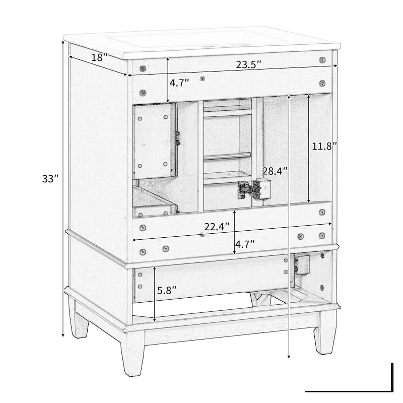 24" Freestanding Bathroom Vanity with Sink - Ceramic Top, Drawers & Shelves, MDF & Solid Wood Base, for Small Bathrooms