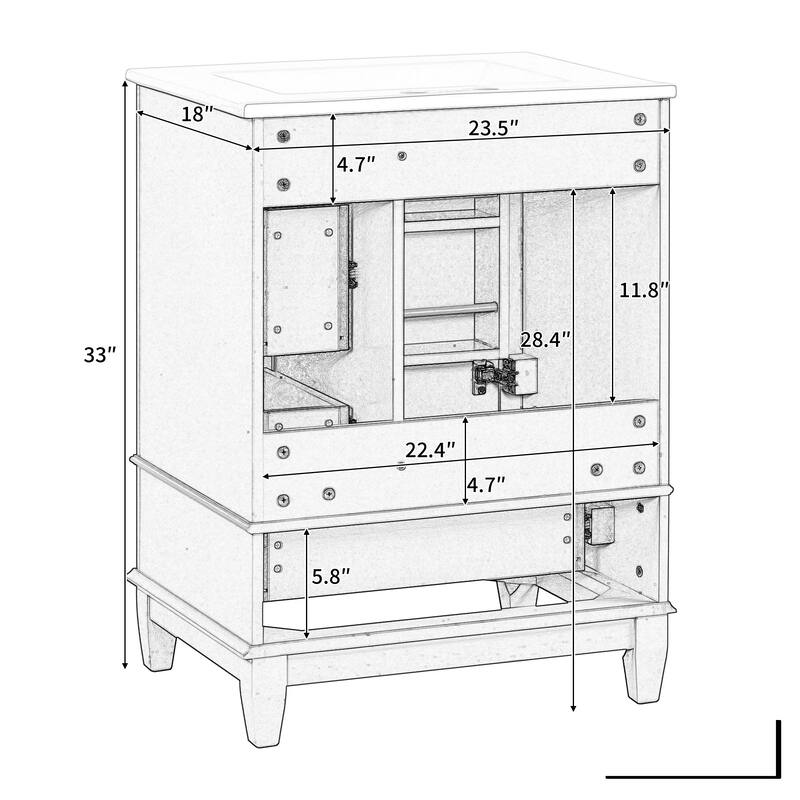Roomfitters 24" Bathroom Vanity with Sink, Solid Wood Frame, 3 Drawers & Side Cabinet with Door Racks
