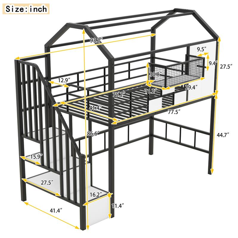 Harper&Bright Designs Metal Loft Bed with roof design and a storage box