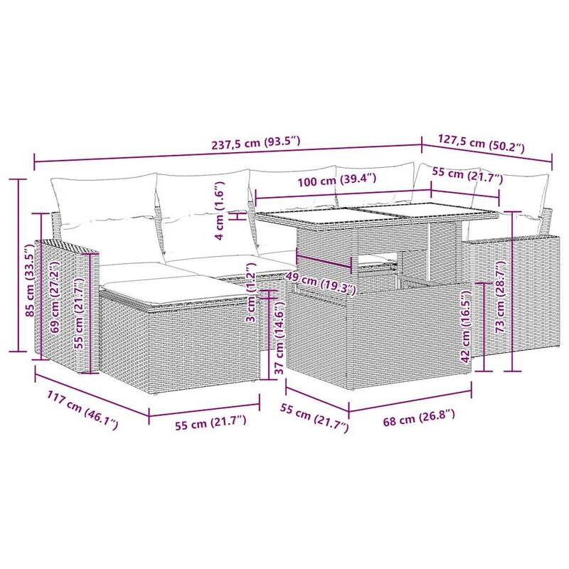 vidaXL Patio Sofa Set with Cushions Outdoor Furniture 7 Piece Poly Rattan - 21.7 x 39.4 x 28.7