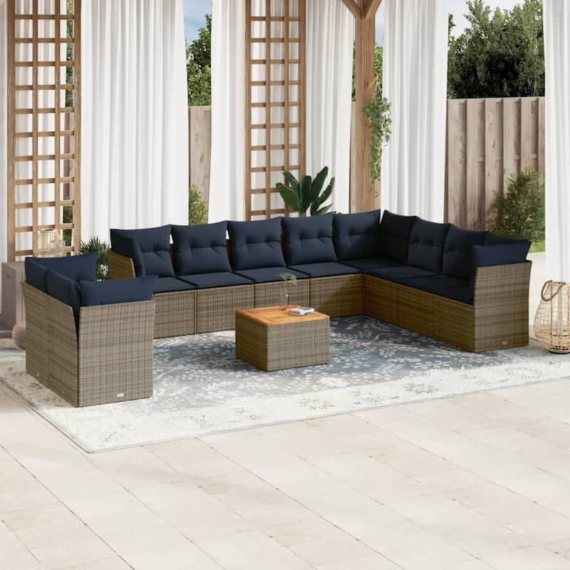 vidaXL Patio Sofa Set with Cushions Outdoor Furniture 11 Piece Poly Rattan - 24.4" x 24.4" x 27.2" - Gray