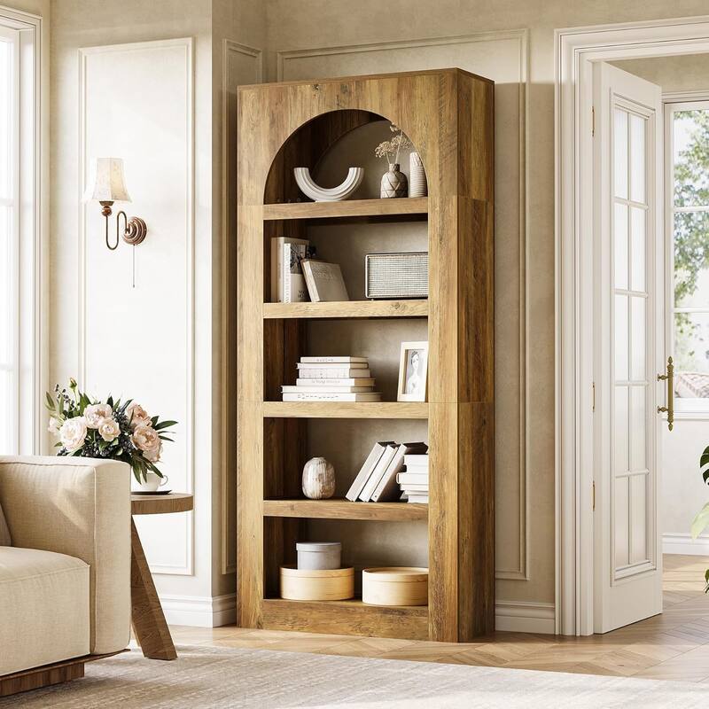 5-Tier Arched Bookshelf, 70.8 Inches Modern Wooden Bookcase with Storage - 31.5" W x 11.8" D x 70.8" H - Light Brown