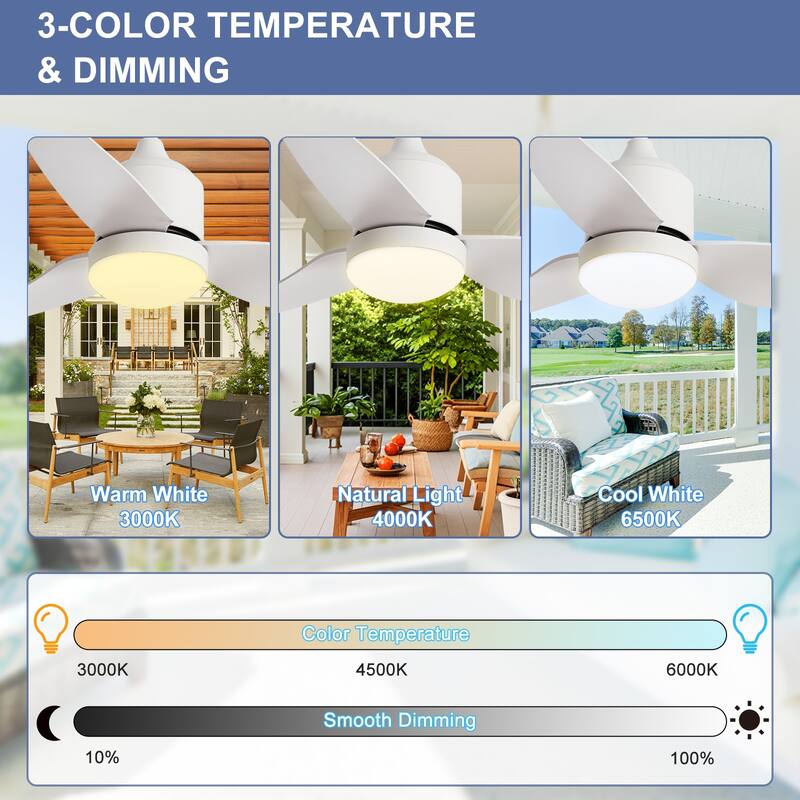 Outdoor Ceiling Fan with Light: 42-52 Inch Hanging - Plug in Waterproof Fans for Patio - Dimmable Remote App Control Black