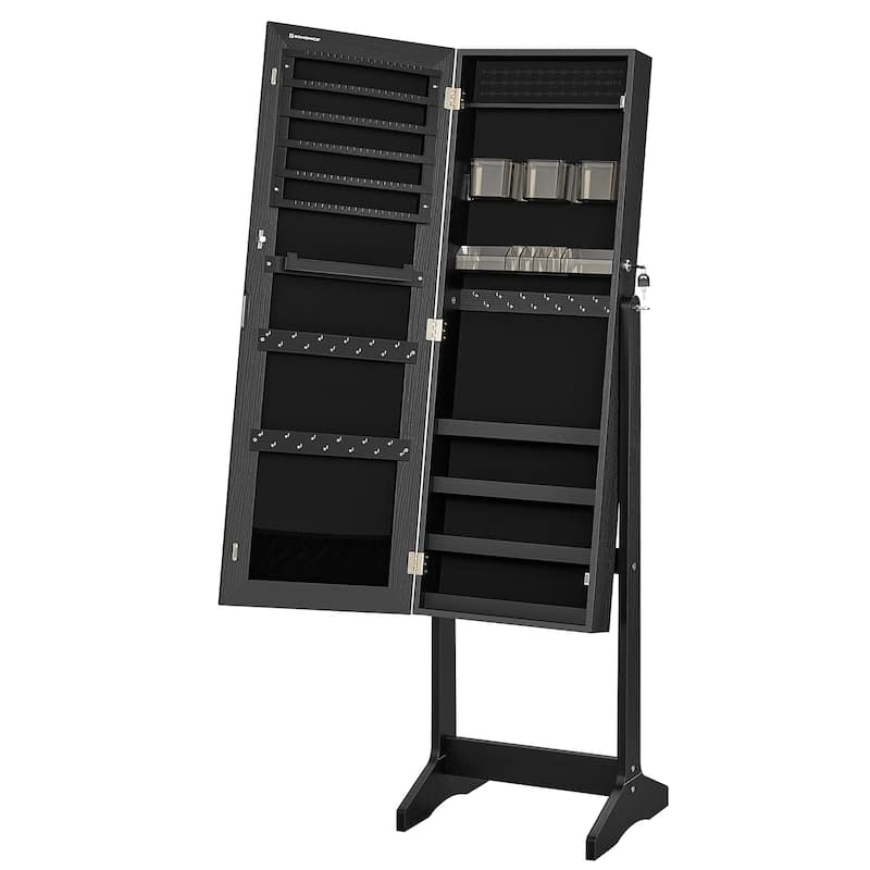 Black MDF Jewelry Cabinet Full Length Mirror 2 in 1 Organizer Storage Shelves Lockable - 16.2"L x 14.4"W x 59.8"H