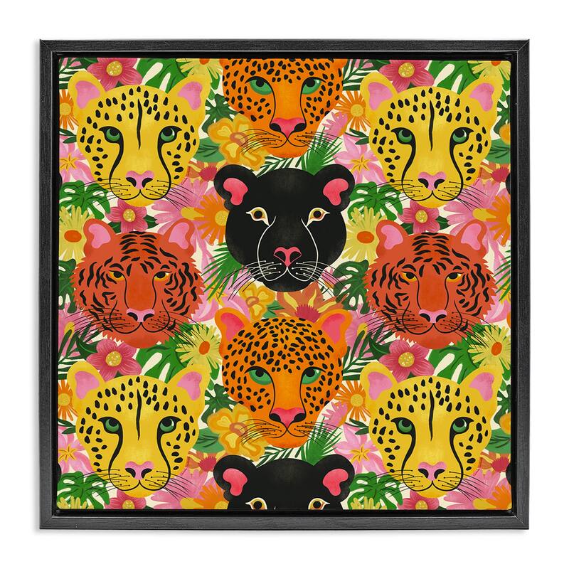 Stupell Jungle Cats Wildlife Pattern Framed Floater Canvas Wall Art Design By Carrie Cantwell - 18 x 18 - Black