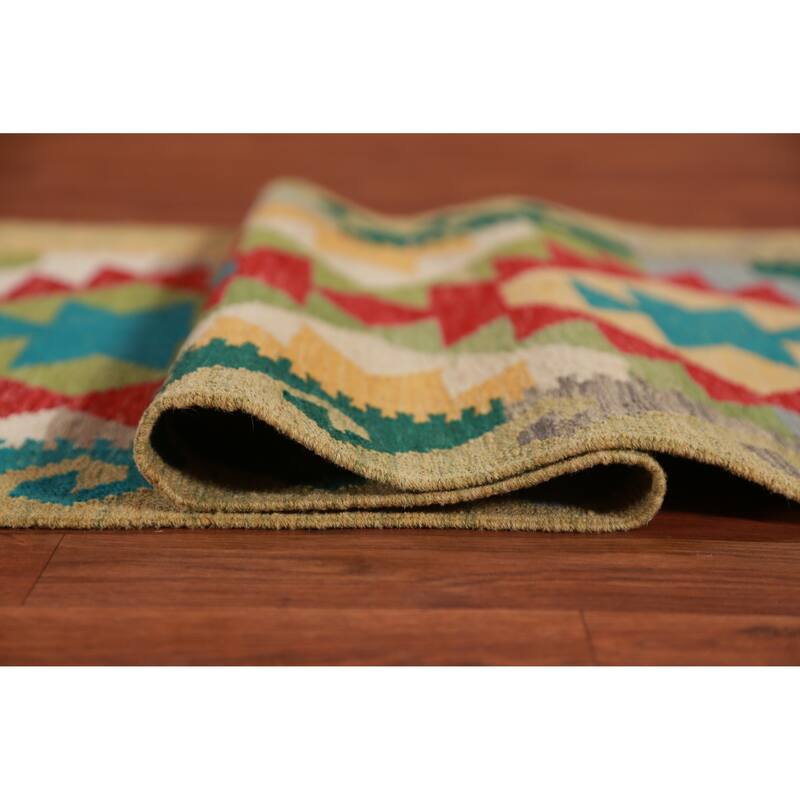 Hand Woven Oriental 100% Wool Carpet Southwestern Geometric Multi-Colored Kilim Runner Rug - 15' 11'' X 2' 7''