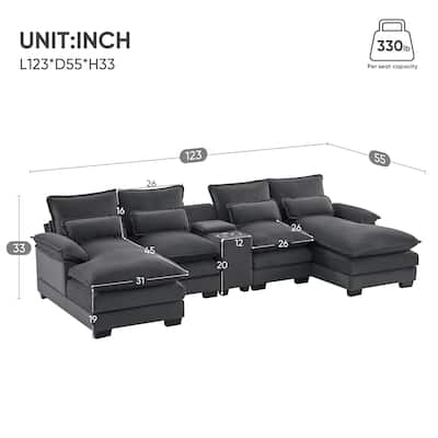 6-seat Upholstered Sectional Sofa with Console, 123*55" U-shaped Sofa with Cupholders and 4 Pillows for Livingroom