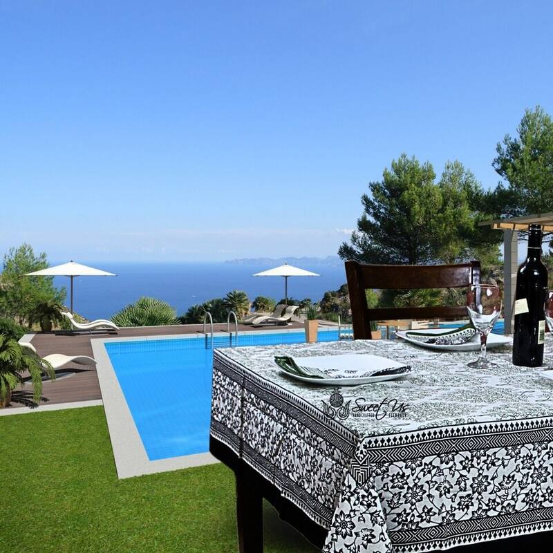 The Amore French Country Cotton Floral Tablecloth Square, Ebony Fern - 60 x 60 inches