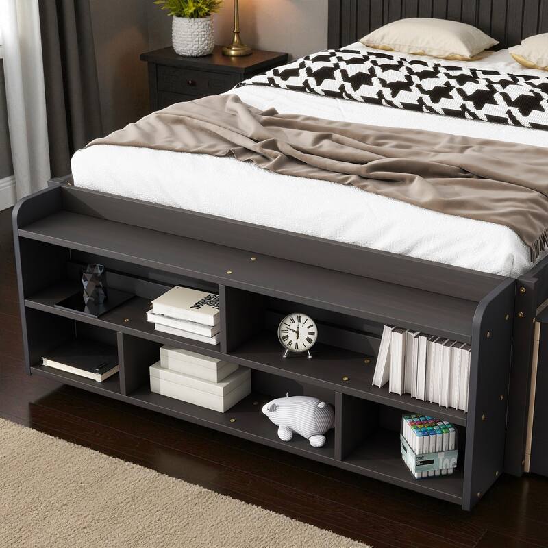 Full Size Wooden Storage Bed with Bookcase Headboard, 6 Drawers, and Bed-End Storage Case