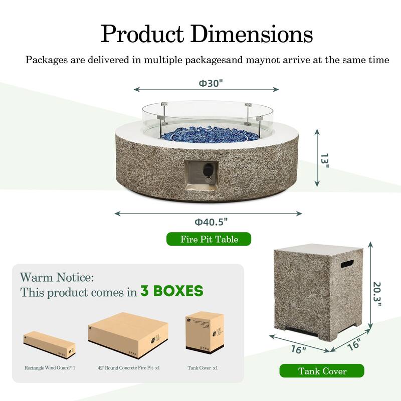 Patio Watcher 42in. Outdoor Round Magnesium Oxide Fire Pit Table with Gas Tank Cover and Wind Guard