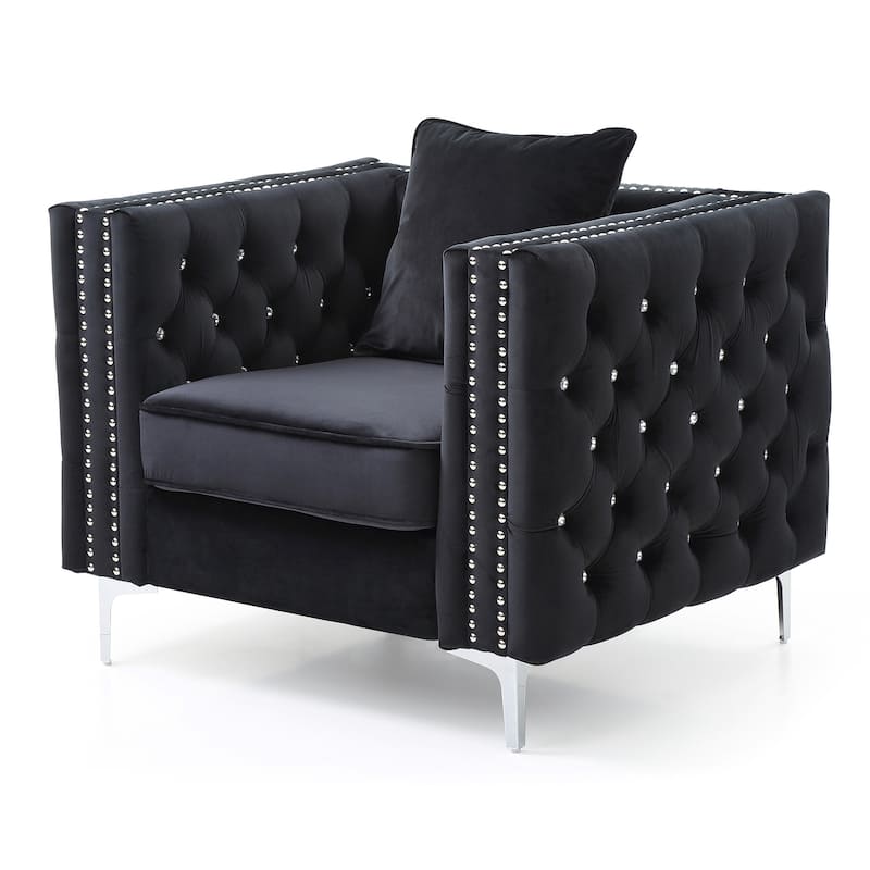 Jeweled Button Tufted Accent Chair with Pillow - 40" - Black and Silver