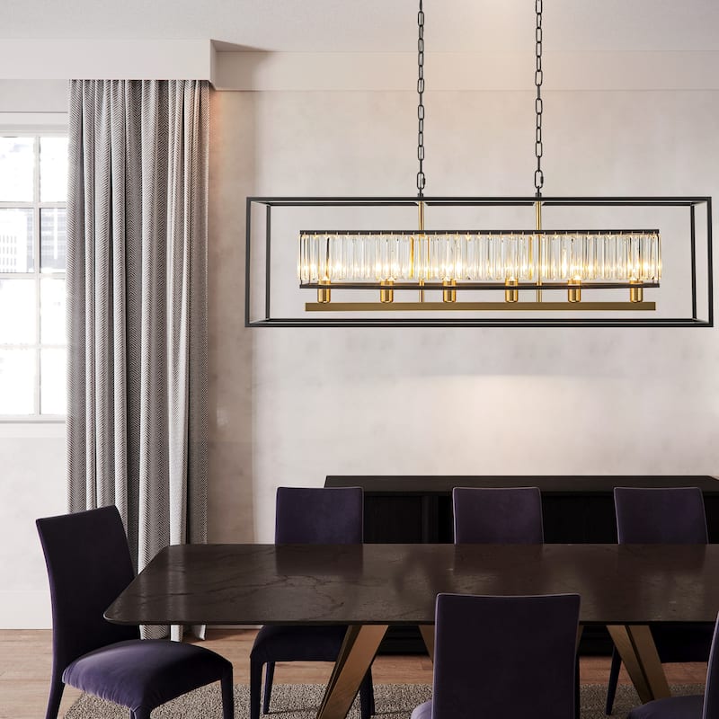 Rennnsan 6-Light Modern Black and Gold Rectangular Geometric Crystal Large Chandelier for Dining Room Table