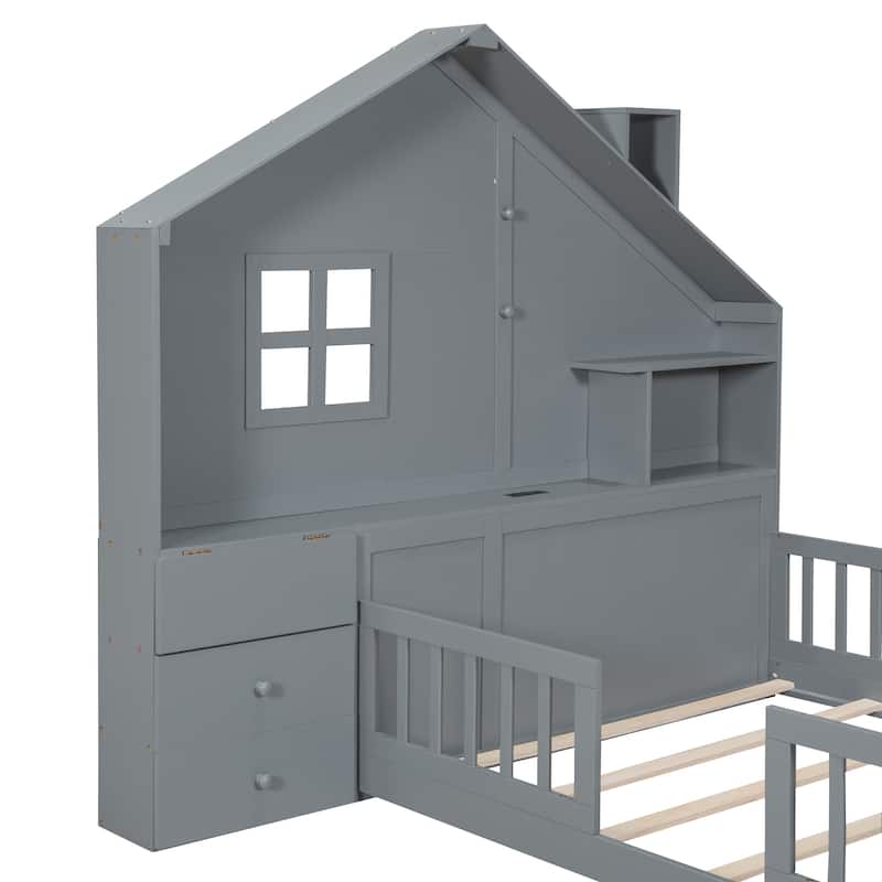 Full Size Wooden House Bed with Bedside Drawers & Shelves, House-Shaped Platform Bed with Power Outlet & USB Port for Kids Teens