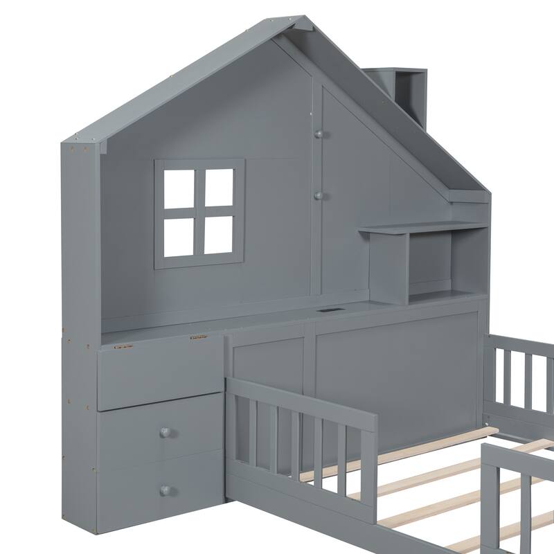 House Platform Bed with Window and Bedside Drawers, Shelves and A Set of Sockets and Usb Port