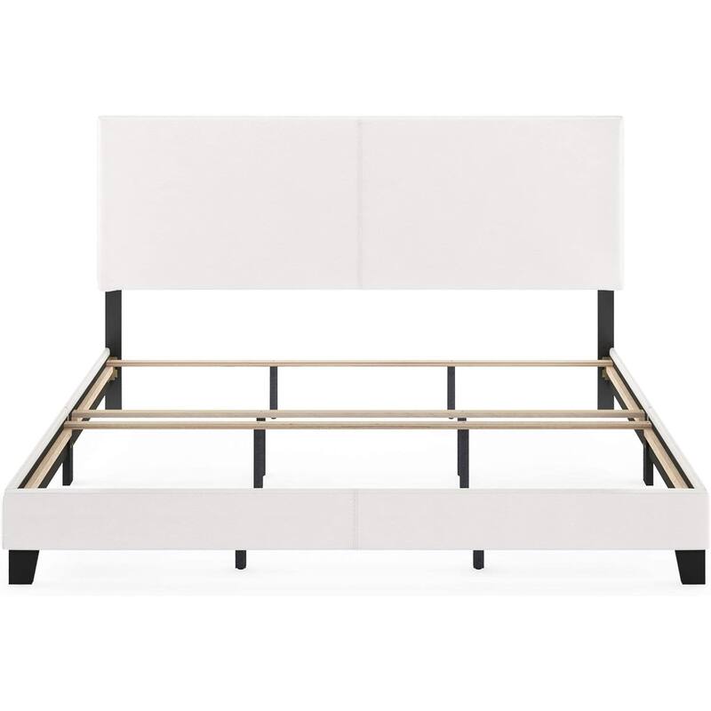 King Bed Frame Upholstered Black PU Leather Platform Bed with Foam Headboard - Modern Glam Style