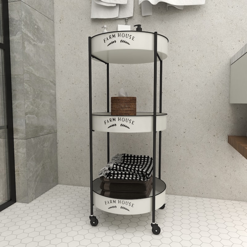 Metal Kitchen Rolling 3 Shelves Storage Cart with Wheels and Black Accents - White - Roche River Decor