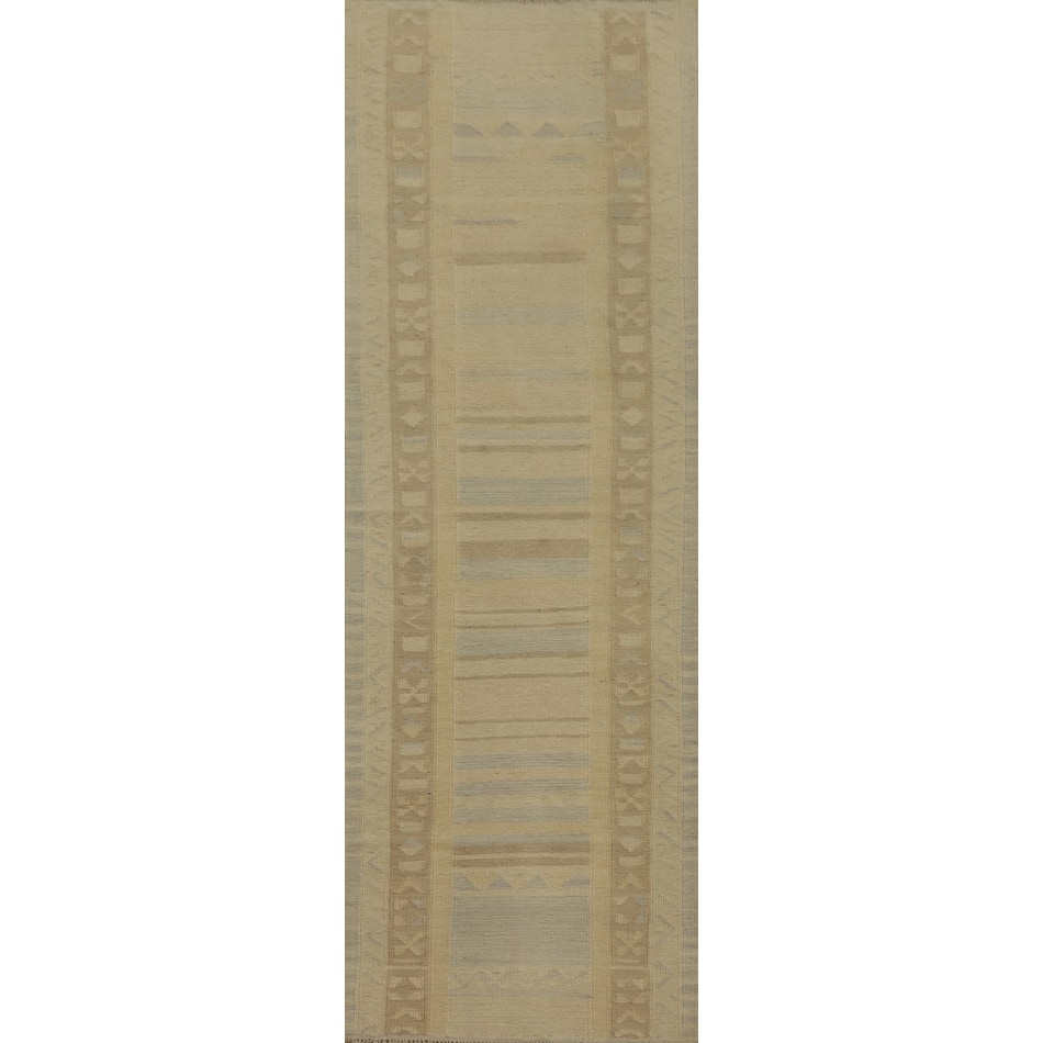 Hand Woven Oriental 100% Wool Carpet Southwestern Tribal Beige & Ivories Kilim Runner Rug - 8' 1'' X 2' 2''