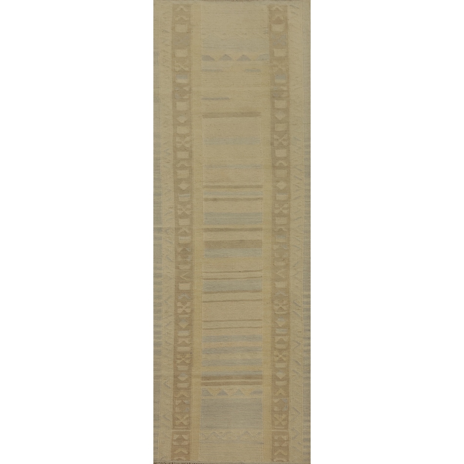 Hand Woven Oriental 100% Wool Carpet Southwestern Tribal Beige & Ivories Kilim Runner Rug - 8' 1'' X 2' 2''