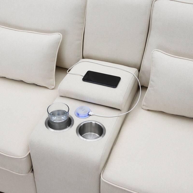 114.2" Modern Linen Fabric Sectional Sofa with Central Console, 2 Cupholders and Charging Station,4 Pillows