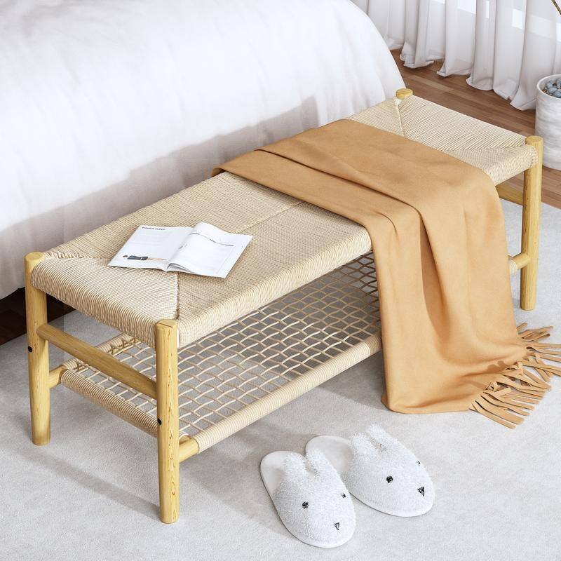 Solid Rubber Wood Entryway Shoe Bench with Hand Rope Design and Storage Shelf, Dining Bench, Boho Farmhouse Natural Shoe Rack - Natural