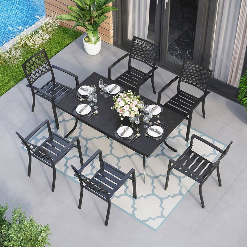 MAISON ARTS Black Metal Rectangle 7-piece Patio Dining Set with Umbrella Hole