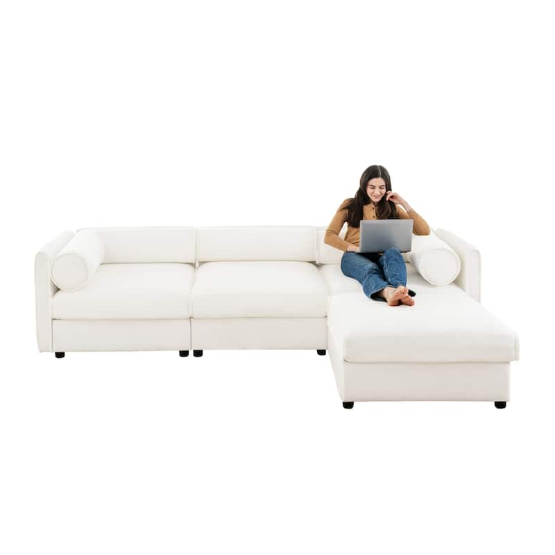 Chenille L-Shaped Sofa with Storage, 3-Seater Couch with Ottoman, Cylindrical Backrests & Armrests, Modern Modular Sofa