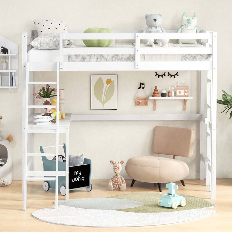 Costway Twin Size Loft Bed w/ Desk & Shelf 2 Ladders & Guard Rail for